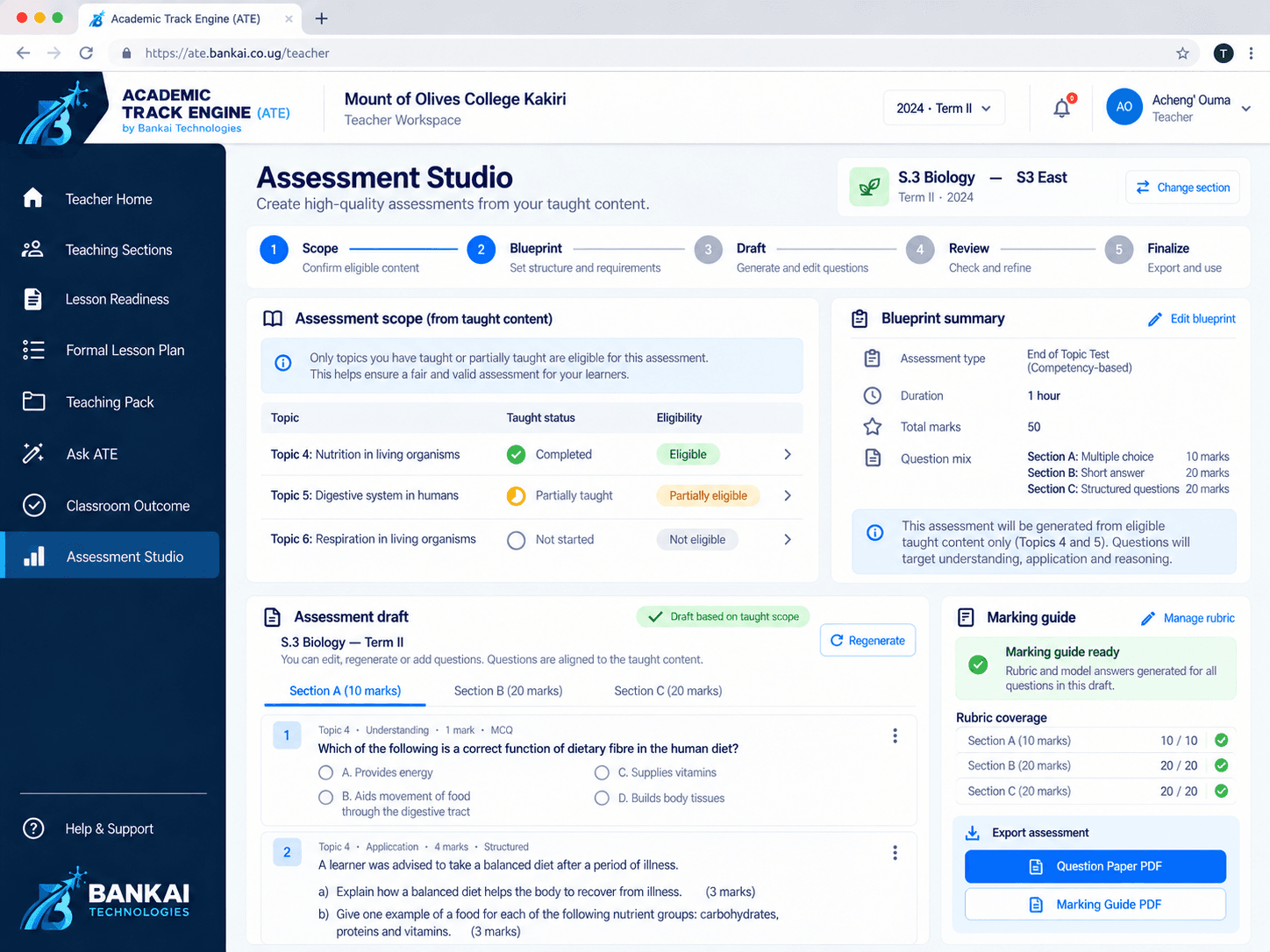 ATE Assessment Studio screen