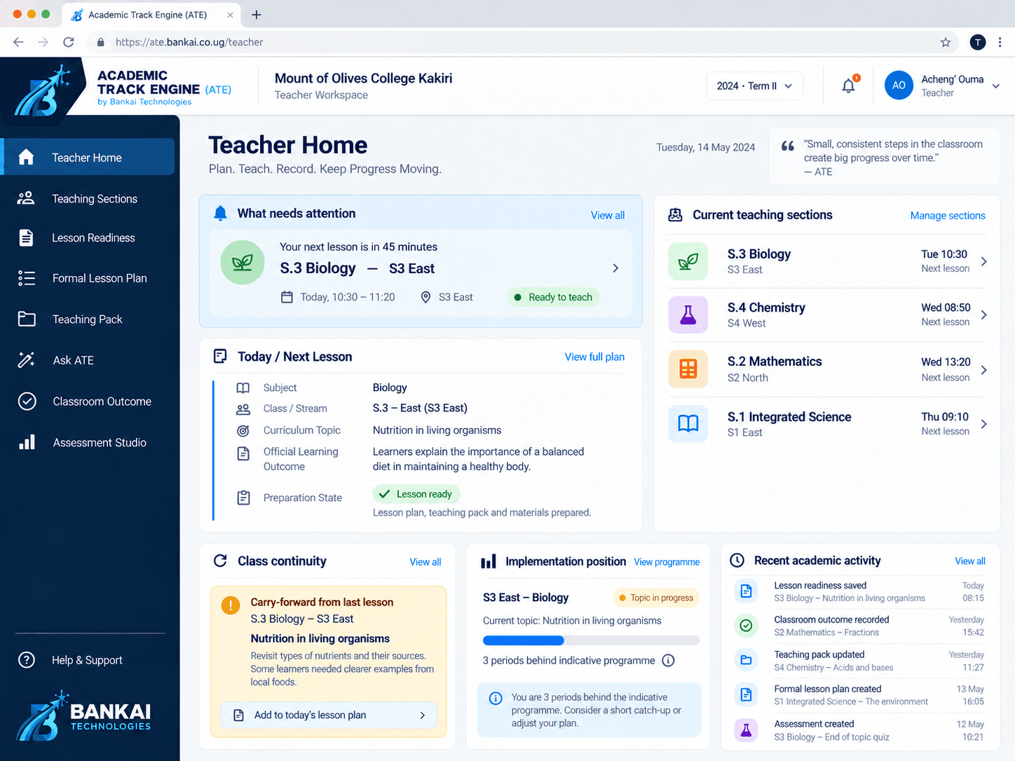 ATE teacher workspace showing the next lesson and preparation context